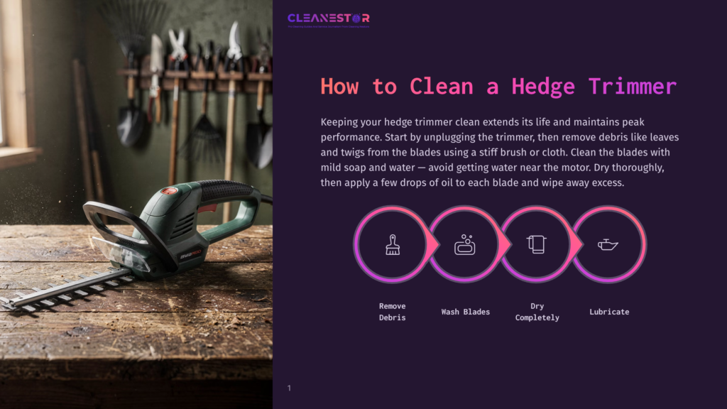 A Green Electric Hedge Trimmer Rests On A Rustic Wooden Workbench, With Gardening Tools Like Rakes Hanging On A Wall In The Background. Text Overlay Reads &Quot;Cleanestor How To Clean A Hedge Trimmer&Quot; And Illustrates Cleaning Steps.