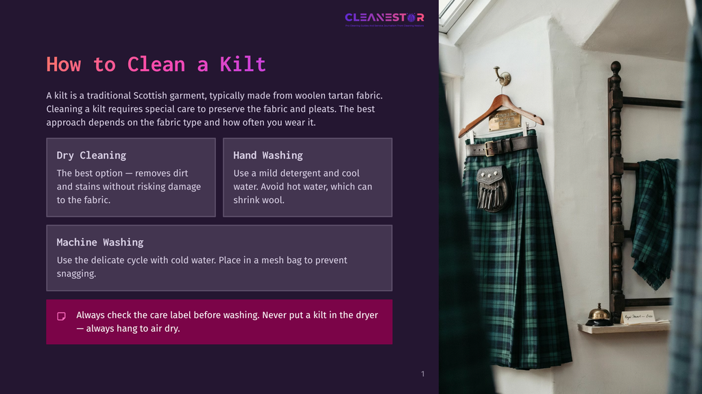 A Traditional Scottish Kilt Hangs On A Hook, Showcasing Its Green And Black Tartan Pattern. A Sporran, Belt, And Bell Are Visible, With A Glimpse Of A White Wall And A Wooden Door In The Background.