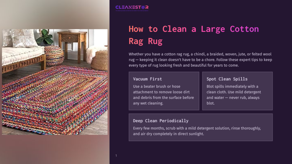 1 How To Clean A Large Cotton Rag Rug 1 A Colorful, Large Cotton Rag Rug With A Braided, Woven Texture Lies On A Wooden Floor In A Living Room. The Rug Features A Vibrant Mix Of Red, Yellow, Blue, And Green Stripes. To The Left, A Textured Beige Sofa With Pillows Is Visible, And To The Right, A Wooden Side Table With A Woven Basket Sits Near A Window.