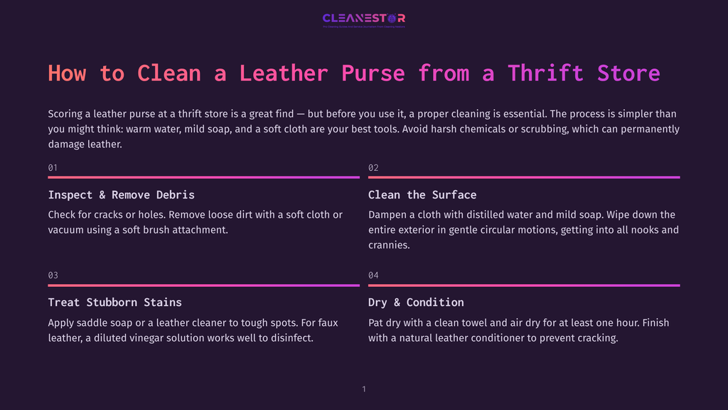 Infographic Detailing Steps To Clean A Leather Purse From A Thrift Store: Inspect &Amp; Remove Debris, Clean The Surface, Treat Stubborn Stains, And Dry &Amp; Condition. Includes The Cleanestor Logo.