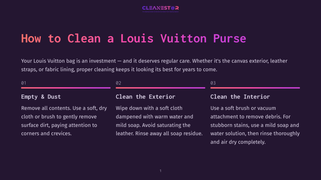 Title Card For A Guide On How To Clean A Louis Vuitton Purse, Featuring The Text &Quot;How To Clean A Louis Vuitton Purse&Quot; And Steps For Cleaning The Exterior And Interior.
