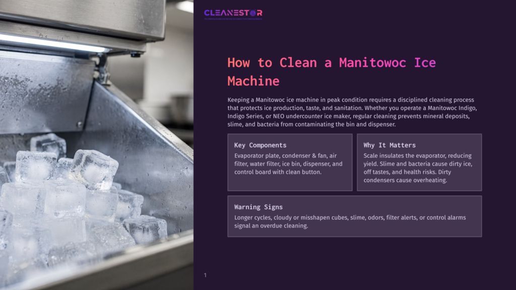 Cleanestor Logo And &Quot;How To Clean A Manitowoc Ice Machine&Quot; Title Text On A Dark Background. Close-Up Of A Bin Overflowing With Fresh, Clear Ice Cubes.