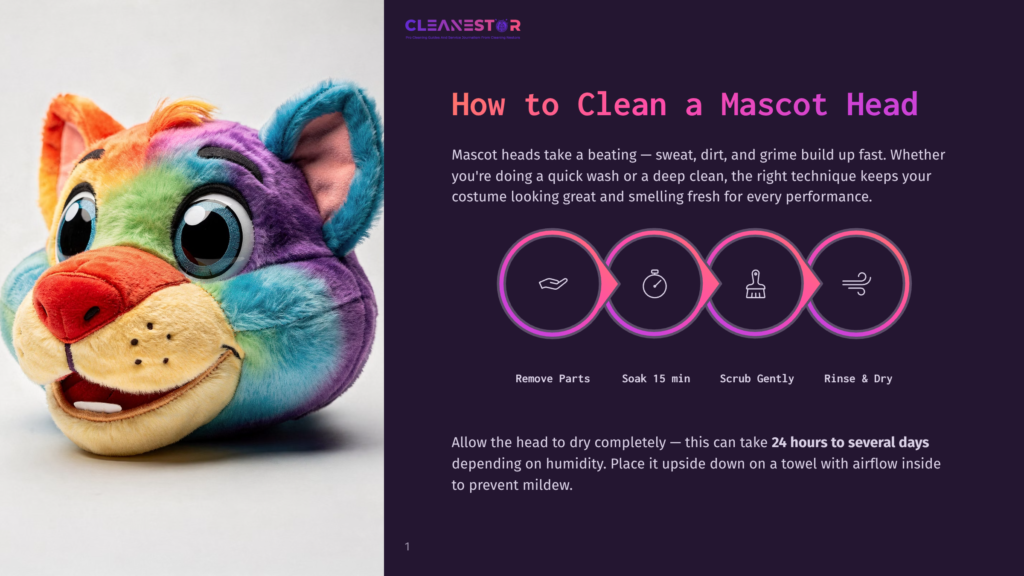 1 How To Clean A Mascot Head Close-Up Of A Colorful Mascot Head With Rainbow Fur, Large Blue Eyes, And A Friendly Expression. Text Overlay Reads &Quot;How To Clean A Mascot Head&Quot; And Illustrates Cleaning Steps: Remove Parts, Soak 15 Min, Scrub Gently, Rinse &Amp; Dry.