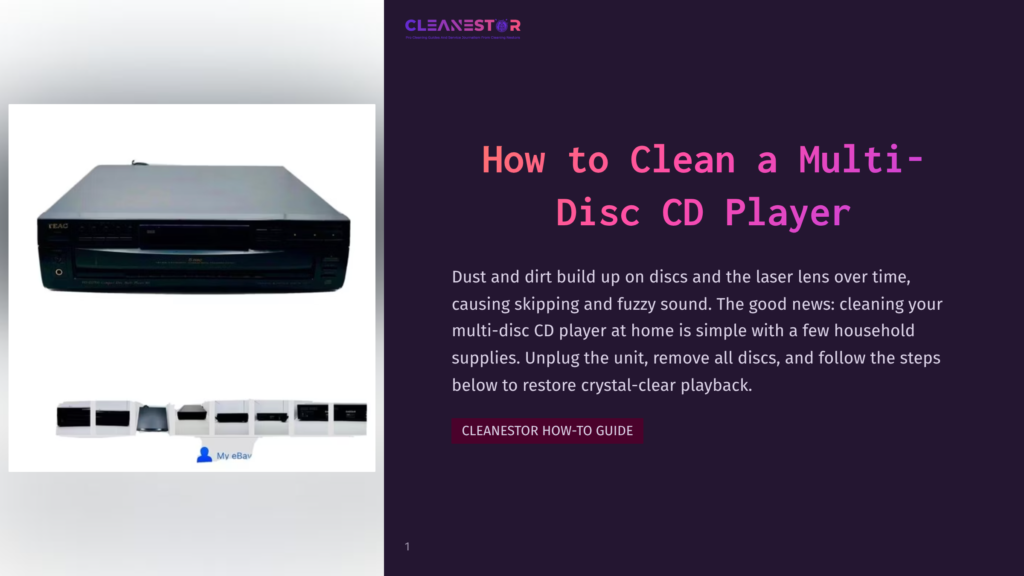 1 How To Clean A Multi Disc Cd Player Front View Of A Silver Teac Multi-Disc Cd Player With A Black Faceplate, And A Row Of Smaller Cd Players Or Components Below. The Cleanestor Logo Is Visible At The Top.