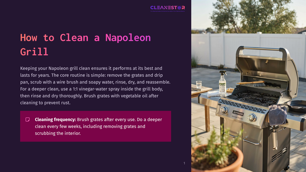 A Stainless Steel Napoleon Grill Is Shown Outdoors, With The Lid Open To Reveal The Cooking Grates And Burners. A Bottle Of Grill Cleaner And A Brush Sit On The Side Table.