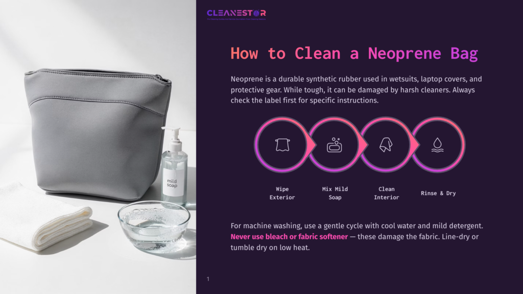 Gray Neoprene Bag Next To Mild Soap, Water, And A White Towel, With Instructions On How To Clean A Neoprene Bag.