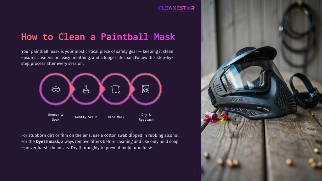A Black Paintball Mask Rests On A Rustic Wooden Table, With Colorful Paint Splatters And A Cleaning Cloth Nearby. The Mask Has A &Quot;Dye&Quot; Logo Visible. Text On The Left Explains How To Clean A Paintball Mask.