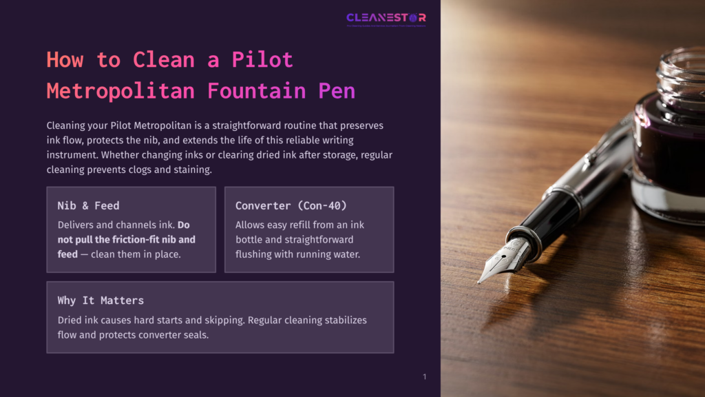 A Close-Up Of A Dark Ink Bottle And A Gleaming Black Pilot Metropolitan Fountain Pen Resting On A Wooden Surface. The Pen'S Nib Is Poised Over The Ink.