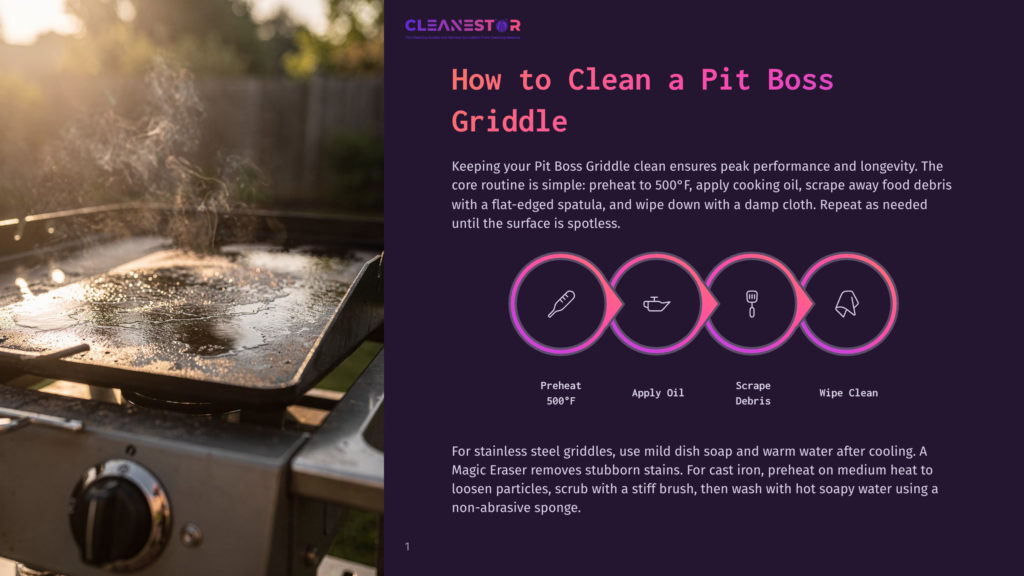A Steaming Pit Boss Griddle, Hot And Greasy, Is Being Cleaned With A Damp Cloth After Cooking. The Image Shows The Cleaning Process For A Flat-Top Griddle.