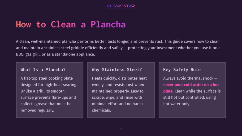 Header Graphic For A Blog Post About Cleaning A Plancha, Featuring The Title &Quot;How To Clean A Plancha&Quot; In Large, Bold Lettering Against A Dark Background With A Subtle Gradient.