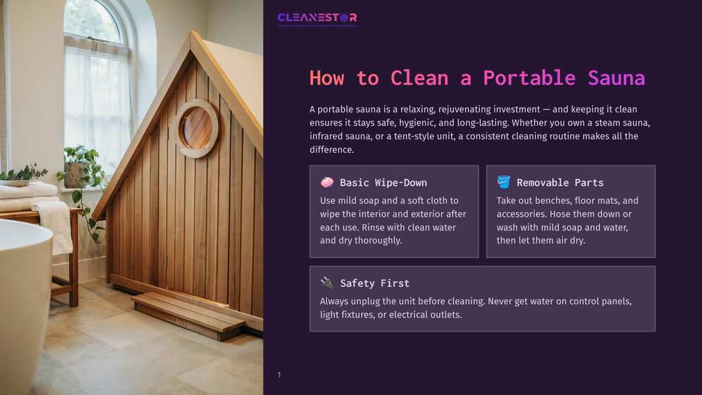 Cleanestor Logo At The Top Of A Page About Cleaning A Portable Sauna. The Page Features A Large Image Of A Modern, Wooden Portable Sauna With A Round Window, Situated In A Clean, Spa-Like Bathroom With A White Tub.