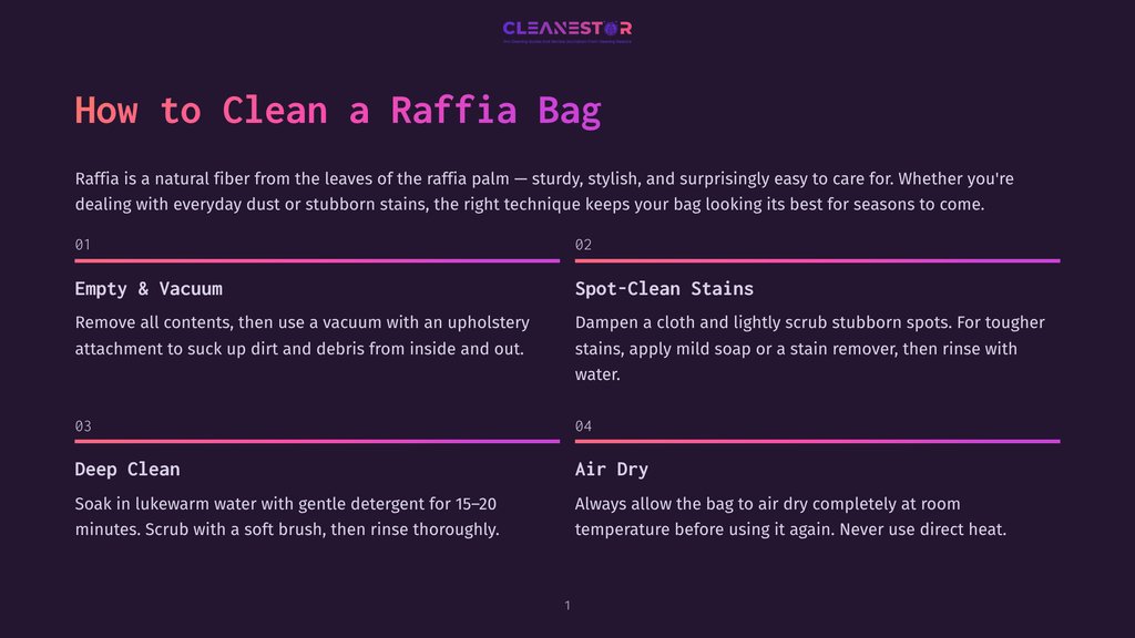 Infographic Detailing How To Clean A Raffia Bag, With Steps Like &Quot;Empty &Amp; Vacuum,&Quot; &Quot;Spot-Clean Stains,&Quot; &Quot;Deep Clean,&Quot; And &Quot;Air Dry.