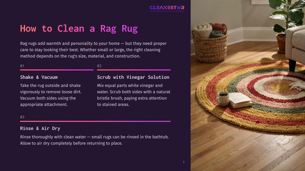 A Colorful, Circular Rag Rug With Concentric Rings Of Red, Yellow, And Cream Sits On A Wooden Floor Next To A Stack Of Books And A White Mug. Text Overlay From Cleanestar Offers Tips On How To Clean A Rag Rug.