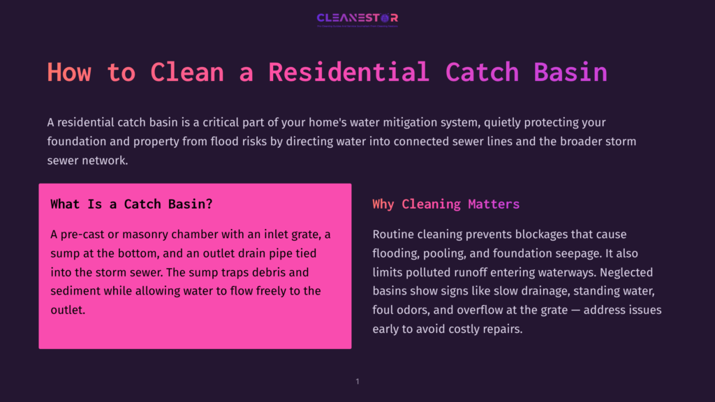 A Dark Purple Background With A Large, Bold White Title &Quot;How To Clean A Residential Catch Basin&Quot; And A Smaller Purple Subtitle. Below Are Two Pink Boxes With White Text: &Quot;What Is A Catch Basin?&Quot; And &Quot;Why Cleaning Matters.