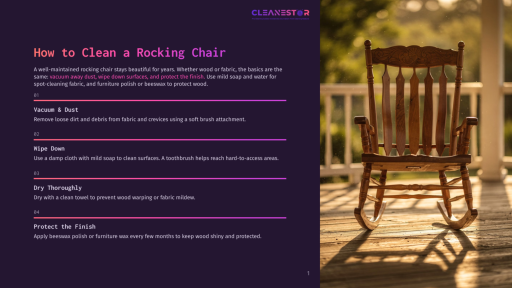 1 How To Clean A Rocking Chair A Vintage Wooden Rocking Chair Sits On A Sun-Drenched Porch, Bathed In Warm, Golden Light. The Chair Is Empty And Appears Well-Maintained, With Intricate Carvings On Its Backrest And Arms. The Porch Floorboards Are Visible, And The Background Suggests A Bright, Outdoor Setting.