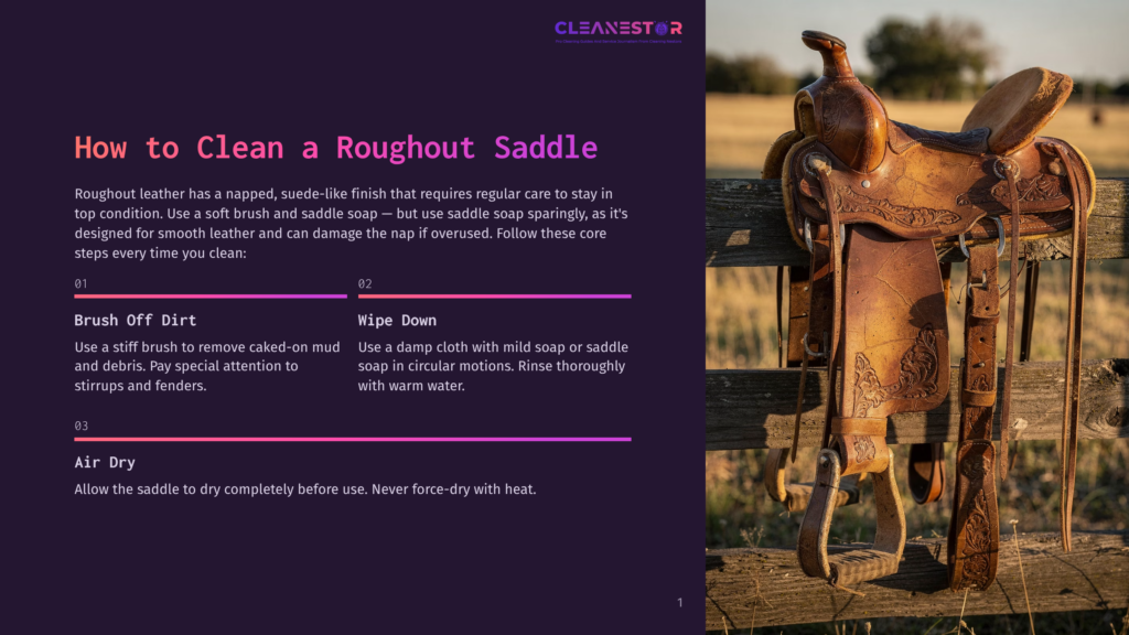 1 How To Clean A Roughout Saddle A Detailed Guide On How To Clean A Roughout Saddle, Featuring A Beautiful, Ornate Leather Saddle Hanging On A Rustic Wooden Fence, With Text Overlays Detailing Cleaning Steps: Brush Off Dirt, Wipe Down, And Air Dry.