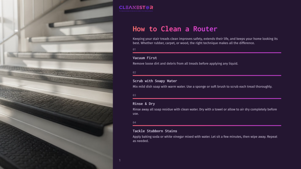 Close-Up Of Dark, Textured Stair Treads With A Slight Sheen, Showing The Pattern Of The Stair Runner. The Image Is Part Of A Guide On &Quot;How To Clean A Router,&Quot; With Text Overlay Detailing Cleaning Steps.