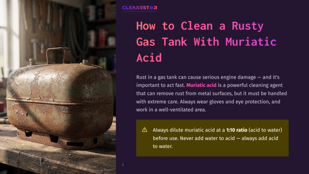 1 How To Clean A Rusty Gas Tank With Muriatic Acid A Heavily Rusted, Vintage Metal Gas Tank Sits On A Wooden Workbench, Showcasing Severe Corrosion And Decay. The Text Overlay Reads &Quot;Cleanestor&Quot; And &Quot;How To Clean A Rusty Gas Tank With Muriatic Acid.