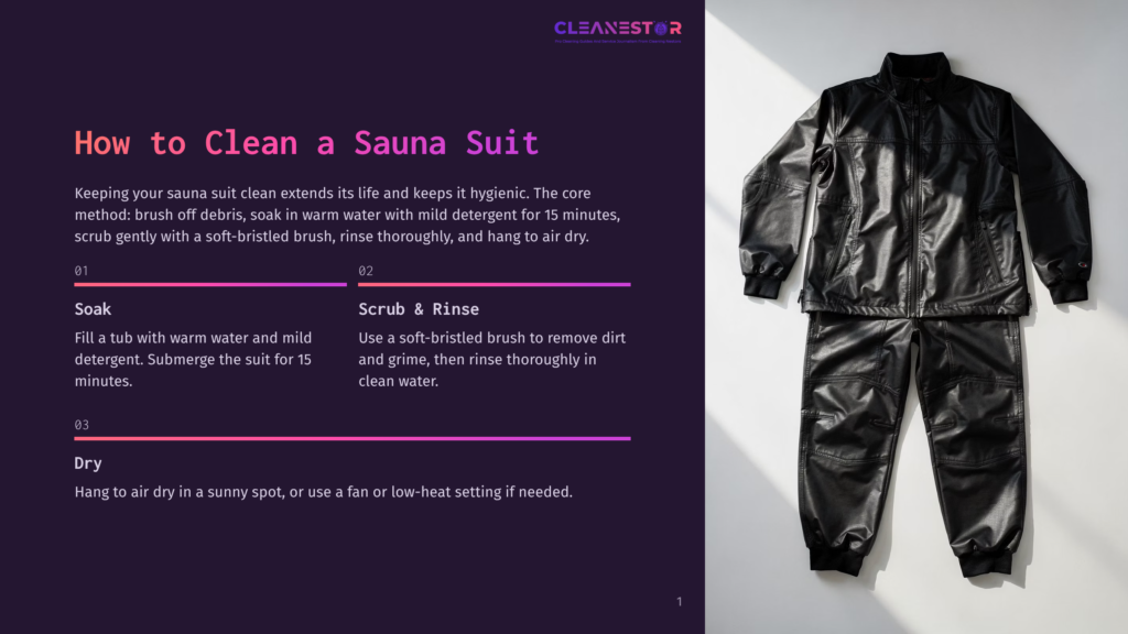 A Black Sauna Suit, Consisting Of A Jacket And Pants, Is Laid Out On A White Background. The Text &Quot;How To Clean A Sauna Suit&Quot; Is Visible On The Left.