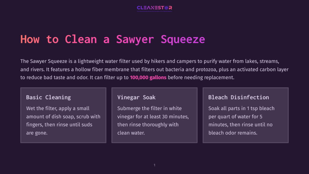 1 How To Clean A Sawyer Squeeze 1 How To Clean A Sawyer Squeeze Water Filter: Basic Cleaning, Vinegar Soak, And Bleach Disinfection Instructions Are Presented On A Dark Purple Background.