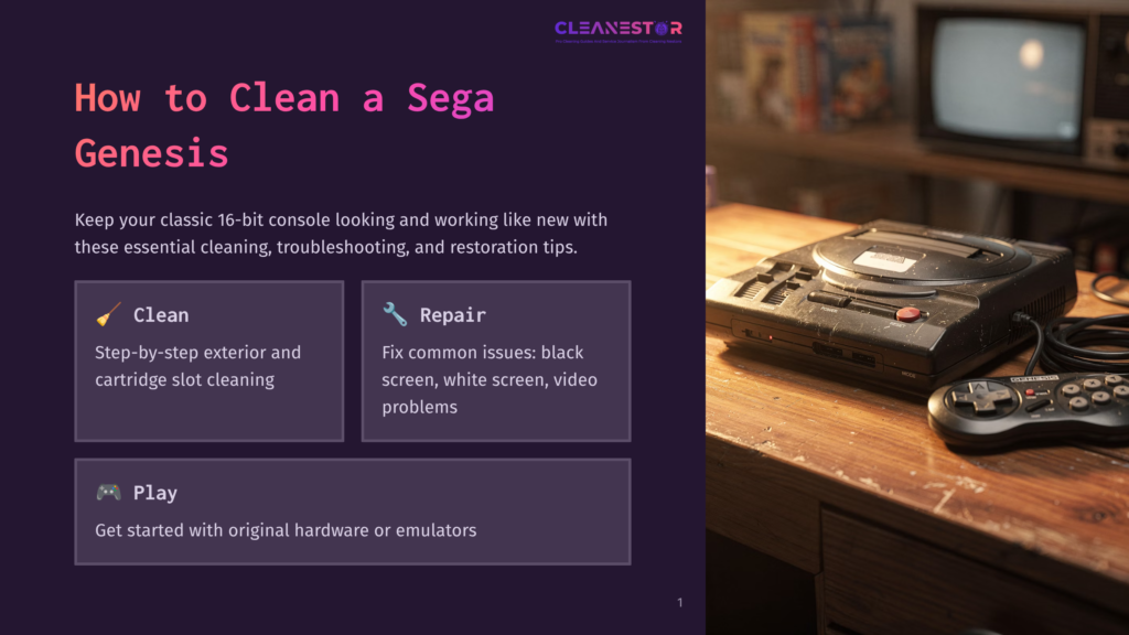 A Vintage Sega Genesis Console Sits On A Wooden Table, Ready For Cleaning And Repair, Next To A Retro Controller And A Crt Television. The Image Features The Text &Quot;How To Clean A Sega Genesis&Quot; And &Quot;Cleanestor&Quot;.