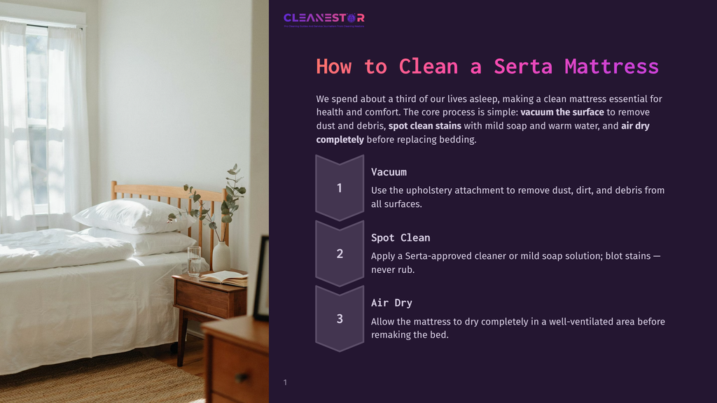 A Clean And Tidy Bedroom With A Made Bed And A Wooden Nightstand, Featuring A Graphic Overlay With Instructions On How To Clean A Serta Mattress, Including Steps For Vacuuming, Spot Cleaning, And Air Drying.