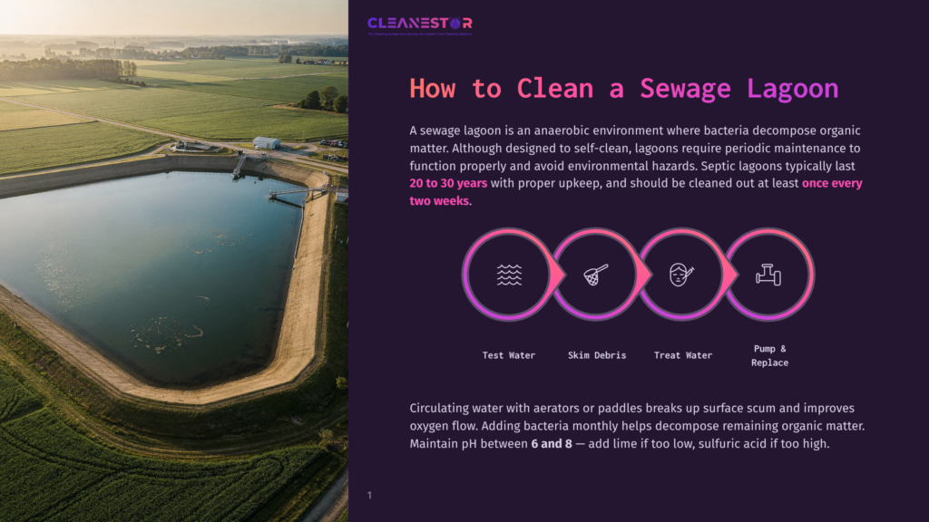 Aerial View Of A Large, Circular Sewage Lagoon With Concrete Walls, Surrounded By Green Fields Under A Bright Sky. Text Overlay Reads &Quot;Cleanestor How To Clean A Sewage Lagoon.