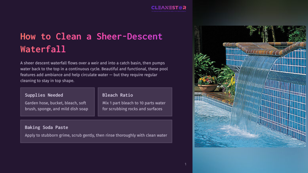 A Beautiful Sheer Descent Waterfall Cascades Into A Tiled Swimming Pool, With Lush Greenery And Flowers In The Background. The Image Is Part Of A Guide On &Quot;How To Clean A Sheer-Descent Waterfall.