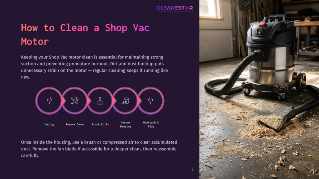 1 How To Clean A Shop Vac Motor A Powerful Shop Vac Sits On A Dusty Workshop Floor Covered In Sawdust, With A Black Hose Attached. The Image Is Part Of A Guide On How To Clean A Shop Vac Motor.
