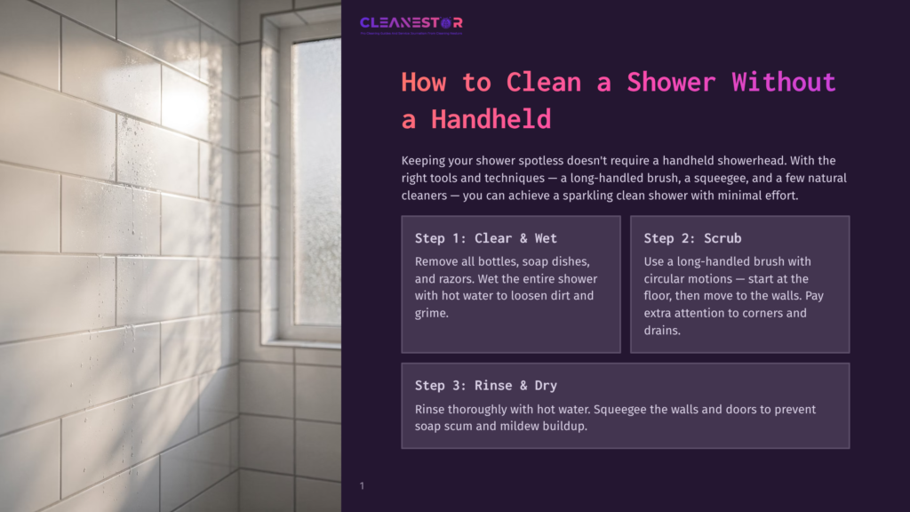 1 How To Clean A Shower Without A Handheld Cleanestor Logo And Title: &Quot;How To Clean A Shower Without A Handheld&Quot; With Three Steps: 1. Clear &Amp; Wet, 2. Scrub, 3. Rinse &Amp; Dry. The Background Is A Clean, Tiled Shower Wall.
