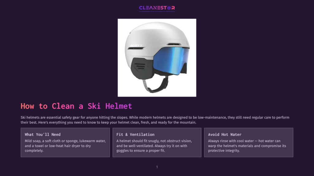 A White And Blue Ski Helmet With A Tinted Visor Sits On A Dark Background, With Text Overlaying The Bottom: &Quot;How To Clean A Ski Helmet&Quot; And Sections On Cleaning, Fit, And Avoiding Hot Water.