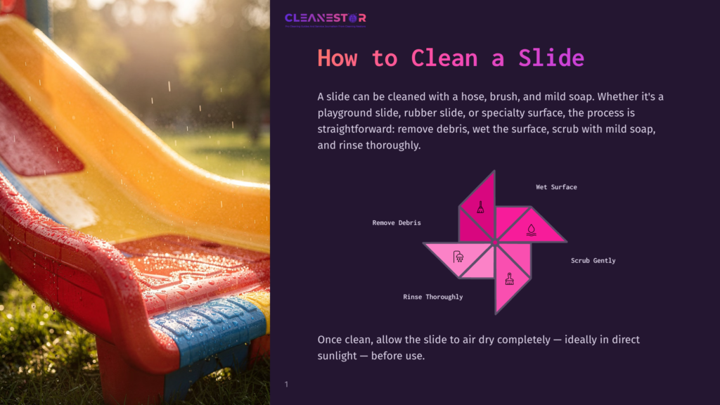 A Colorful Playground Slide With Water Droplets, Suggesting It'S Being Cleaned. The Text &Quot;Cleanestor How To Clean A Slide&Quot; Is Visible.