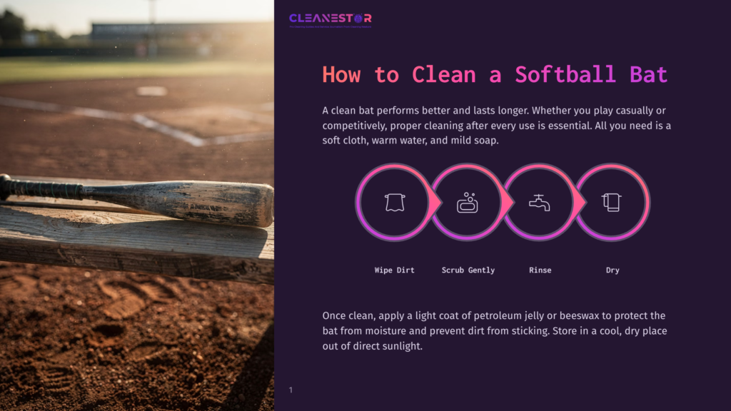 1 How To Clean A Softball Bat A Wooden Softball Bat Rests On A Weathered Wooden Bench At A Dusty Baseball Field, With The Infield Dirt And Bases Visible In The Background. Text Overlay Reads &Quot;How To Clean A Softball Bat.