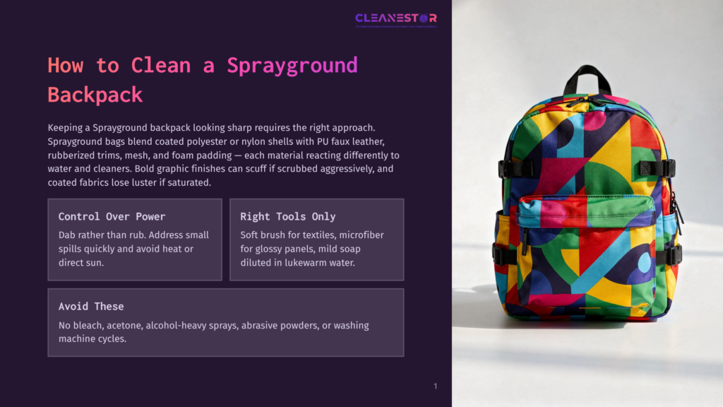 A Vibrant, Colorful Backpack With A Geometric Pattern Sits On A Dark Background, Next To Text Providing Instructions On How To Clean A Sprayground Backpack.