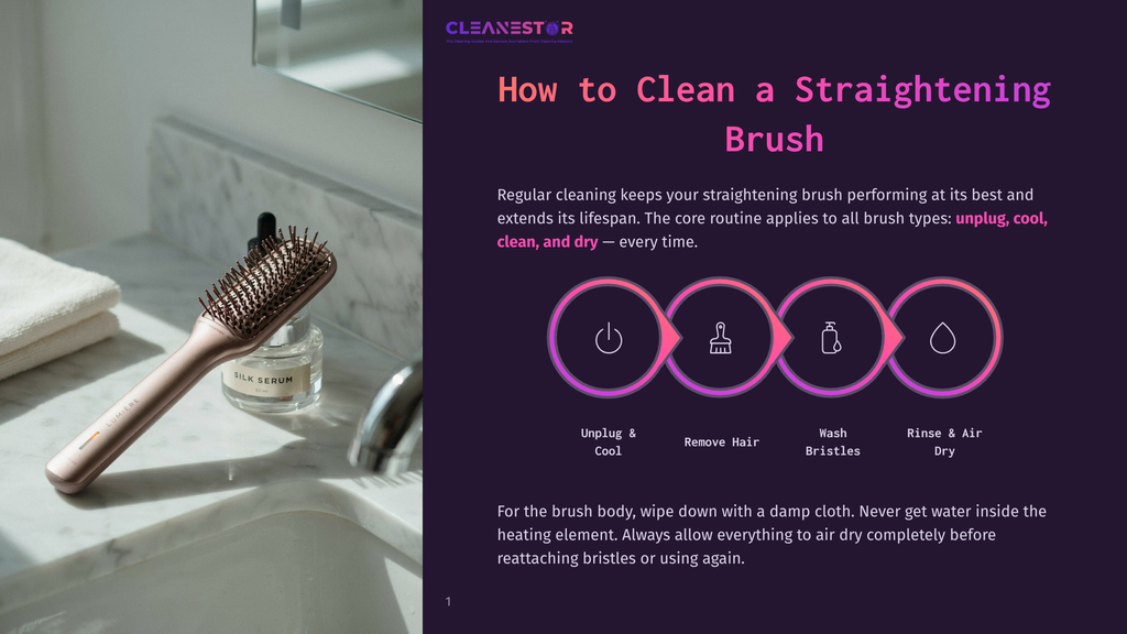 1 How To Clean A Straightening Brush A Rose Gold Straightening Brush With A Wooden Barrel Sits On A Marble Countertop Next To A Bottle Of Hair Serum And A White Towel. The Text Overlay Reads &Quot;Cleanestor&Quot; And &Quot;How To Clean A Straightening Brush&Quot;.