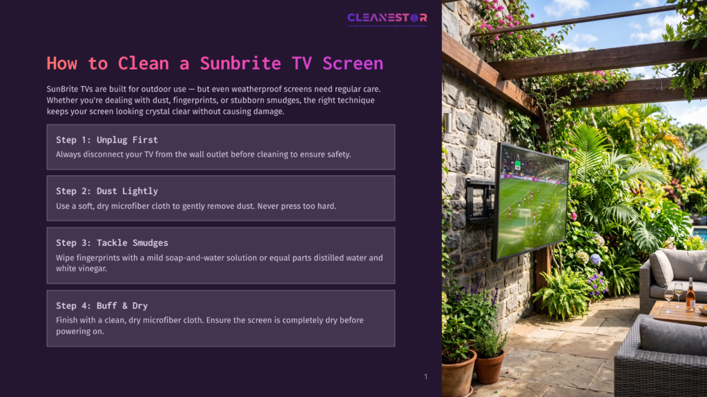 A Sunbrite Tv Mounted On A Stone Wall On A Patio, Displaying A Soccer Game. The Tv Is Surrounded By Lush Green Plants And A Wooden Pergola, With Outdoor Furniture Visible In The Foreground.