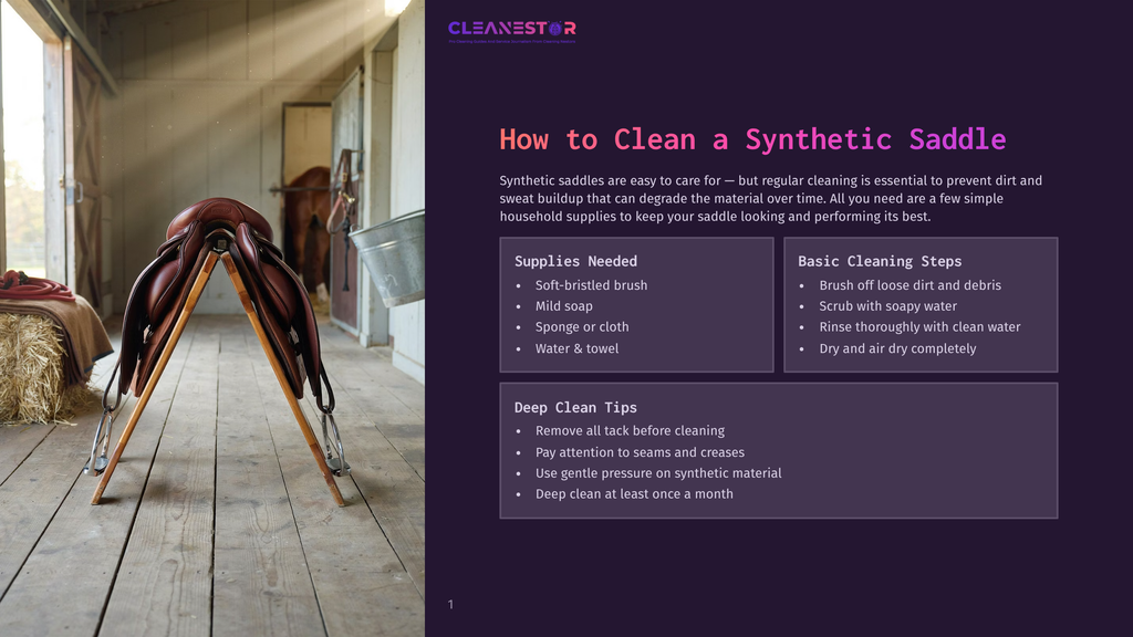 A Synthetic Saddle Sits On A Wooden Stand In A Rustic Barn Setting With Hay Bales And A Horse In The Background. Text On The Right Side Of The Image Provides Instructions On How To Clean A Synthetic Saddle.
