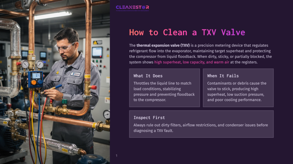 1 How To Clean A Txv Valve A Male Hvac Technician In Safety Glasses And A Blue Uniform Works On Copper Piping And Gauges On A Refrigeration System, With &Quot;Cleanestor&Quot; Text Visible.