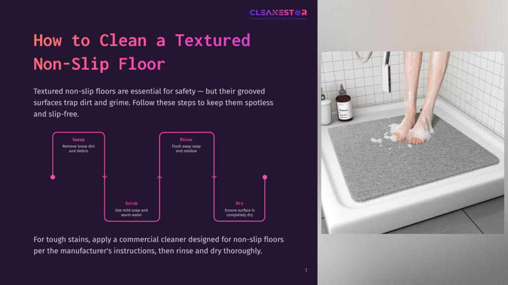 A Person'S Feet, Covered In Soap Suds, Stand On A Textured Gray Non-Slip Shower Mat In A White Shower Stall, Illustrating How To Clean A Textured Non-Slip Floor.