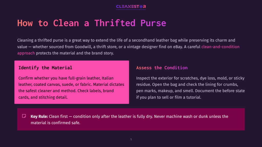 1 How To Clean A Thrifted Purse Graphic Titled &Quot;How To Clean A Thrifte Purse&Quot; With Sections On Identifying Material And Assessing Condition, Featuring A Pink And Purple Color Scheme.