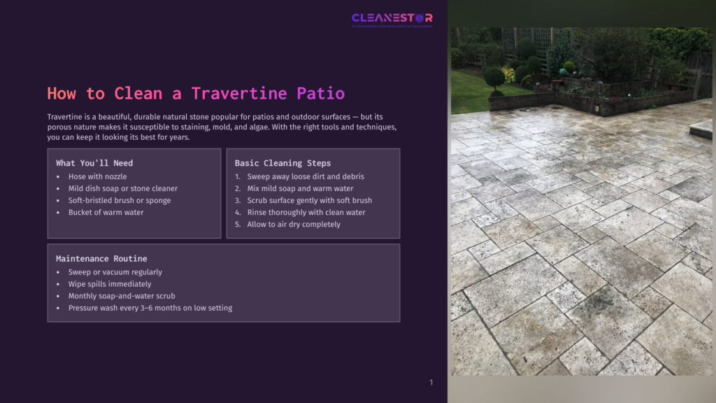A Clean, Wet Travertine Patio With A Repeating Square Tile Pattern, Surrounded By Lush Green Garden Plants And Trees. The Image Is A Demonstration Of How To Clean A Travertine Patio.