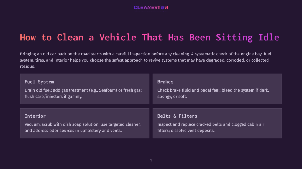 Infographic Titled &Quot;How To Clean A Vehicle That Has Been Sitting Idle&Quot;. Sections Cover Fuel System, Brakes, Interior, And Belts &Amp; Filters, With Cleaning Tips For Each.