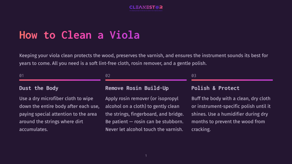 Infographic Titled &Quot;How To Clean A Viola&Quot; With Three Steps: Dust The Body, Remove Rosin Build-Up, And Polish &Amp; Protect, Featuring Purple And Pink Accents.