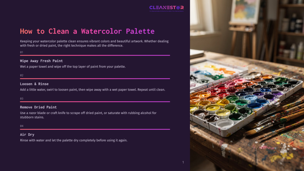1 How To Clean A Watercolor Palette A Watercolor Palette With Many Vibrant Colors Is Shown, Alongside Several Paintbrushes, On A Wooden Table In An Artist'S Studio. Text On The Left Details How To Clean A Watercolor Palette.