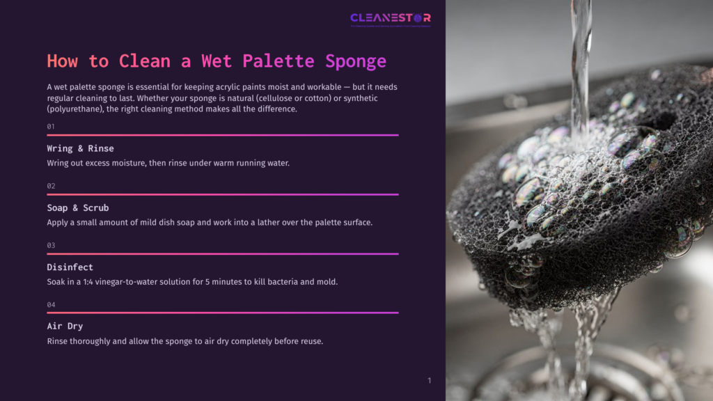 A Black Sponge Is Being Rinsed Under Running Water, Creating A Lot Of Suds. The Sponge Is Dark And Porous, With Water Cascading Over It. This Image Illustrates Cleaning A Wet Palette Sponge.