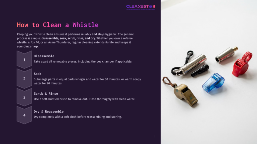 Four Steps To Cleaning A Whistle: Disassemble, Soak, Scrub &Amp; Rinse, Dry &Amp; Reassemble. Includes A Silver Acme Thunderer Whistle, A Blue Plastic Whistle, And A Red Plastic Whistle.