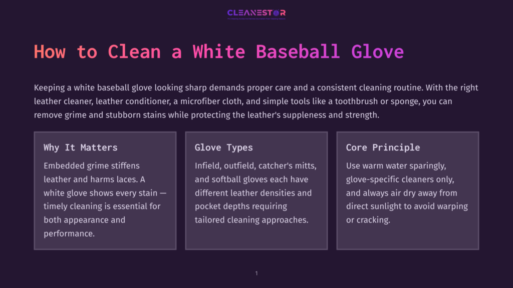 Title Card For &Quot;How To Clean A White Baseball Glove&Quot; With The Cleanestor Logo At The Top. The Title Is Prominently Displayed In Large, White, Stylized Text Against A Dark Purple Background.