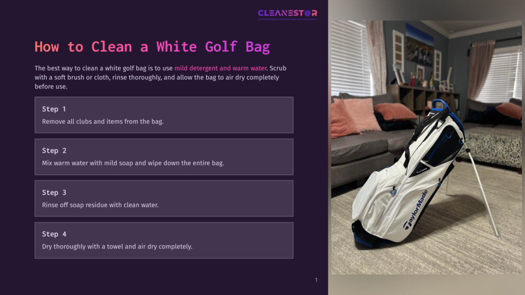 A Clean White Taylormade Golf Bag Stands Upright On A Light Gray Carpet Next To A Couch With Pink Pillows. &Quot;Cleanestor&Quot; Is Visible In The Top Right Corner, Along With Text About Cleaning Golf Bags.