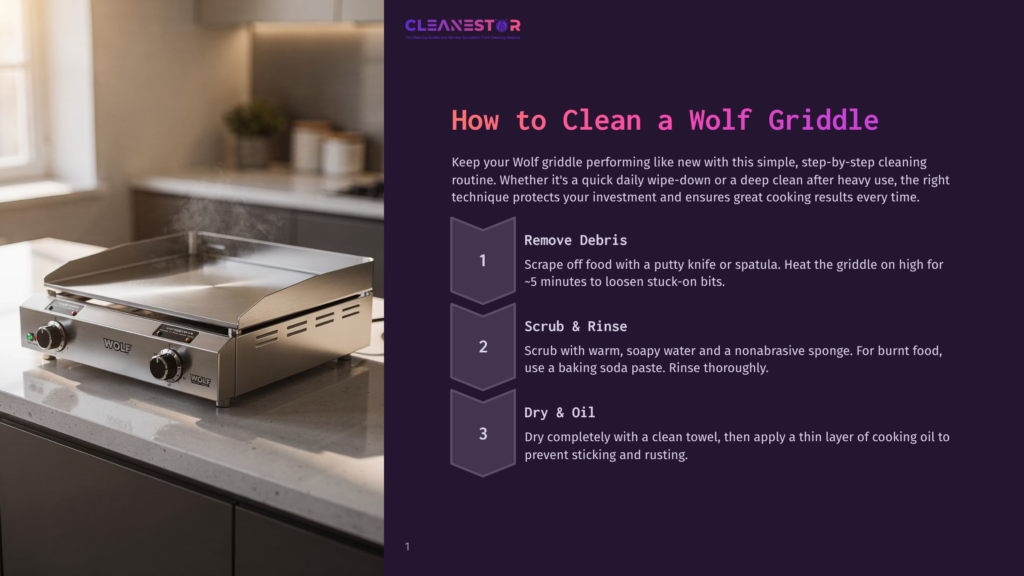 A Wolf Griddle Is Being Cleaned With A Spatula And Sponge, With Cleaning Instructions &Quot;Remove Debris&Quot; And &Quot;Scrub &Amp; Rinse&Quot; Visible On A Purple Overlay.