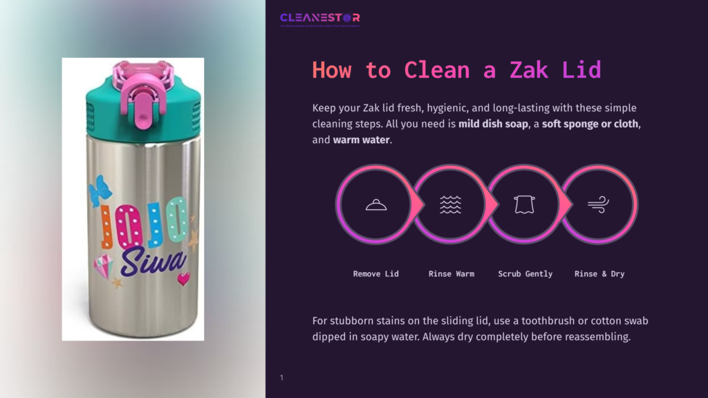 A Stainless Steel Water Bottle With A Teal And Pink Lid, Decorated With Colorful &Quot;Jojo&Quot; And &Quot;Siwa&Quot; Lettering And A Butterfly Graphic. The Image Is Part Of A &Quot;Cleanestor&Quot; Guide On How To Clean A Zak Lid, With Illustrated Steps Showing Rinsing And Scrubbing.